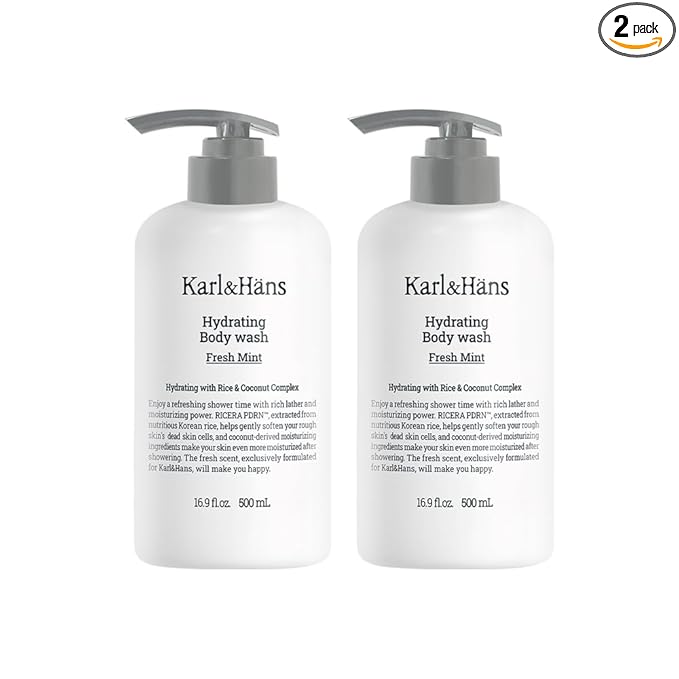 Karl&Hans Hydrating Body Wash, Korean Rice-Derived PDRN & Ceramide, Refreshing Cleanser, Skin Barrier Support, Non-Drying, with Coconut-Derived Moisturizers, 16.9 fl oz (Pack of 2, Fresh Mint)