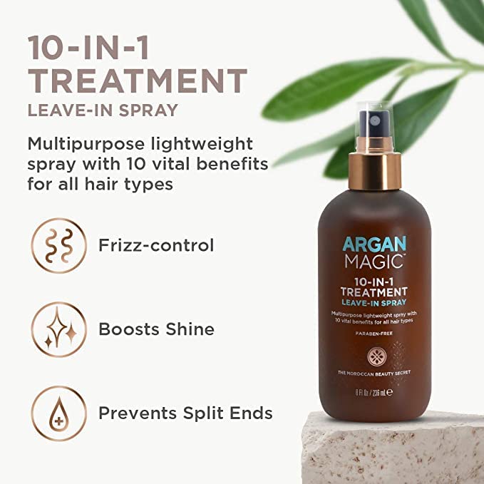 ARGAN MAGIC Hair Care Essentials Trio - Shine Boosting Shampoo | Moisturizing Conditioner | 10 in 1 Leave in Spray | Restores Shine & Elasticity | Hydrates | Detangles, (32 oz / 8 oz)