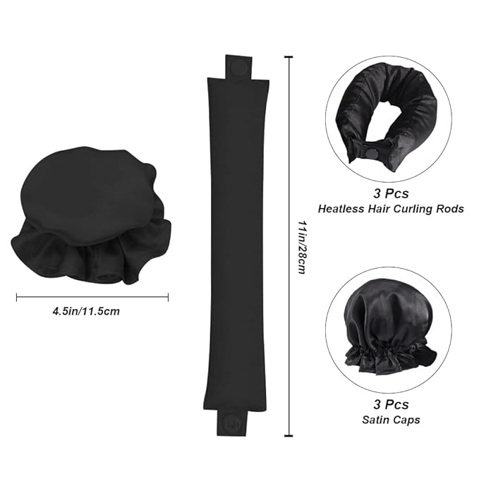 Hair Rollers Set, 3Pcs Satin Heatless Curling Rod Headband, Heatless Curls with Cap for All Hair Types, No Heat Curling