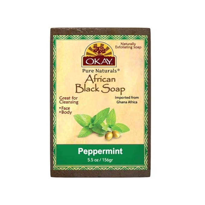 OKAY | African Black Soap with Peppermint | For All Skin Types | Cleanses and Exfoliates | Nourishes and Heals | Free of Sulfate, Silicone & Paraben | 5.5 oz
