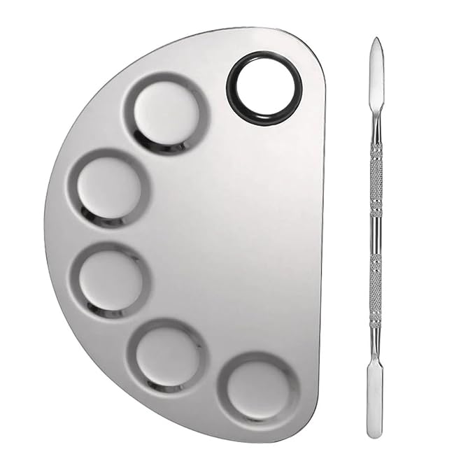 1Set of 5-Dents Half Moon Stainless Steel Cosmetic Palette with Spatula,Nail Makeup Mixing Color Plate Artist Painting Tools (Semi-Circle Five concave Color Palette)