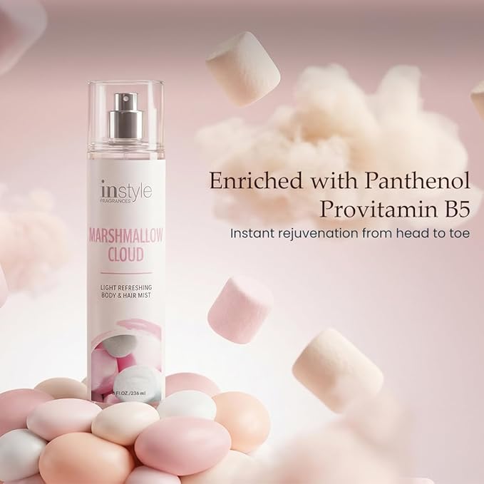 Instyle Fragrances | Body & Hair Mist | Marshmallow Cloud Scent | With Panthenol | CLEAN, Vegan, Paraben Free, Phthalate Free | Premium 8 Fl Oz Spray Bottle
