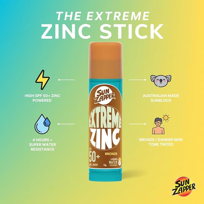 Sun Zapper Extreme Zinc Sunscreen Stick SPF 50+ Bronze – Water Resistant Mineral Sunscreen for Face, Zinc Oxide Surf Sunscreen Stick for Surfing and Water Sports, 15g (0.53 oz), Australian Made