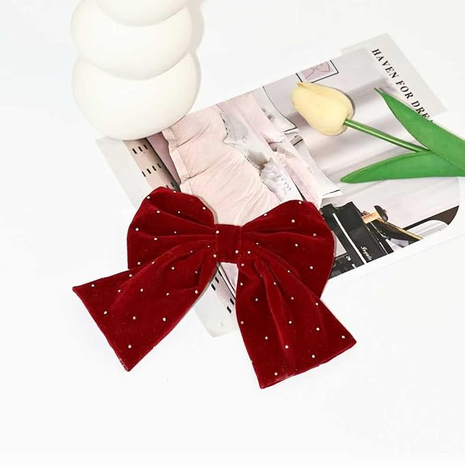 Large velvet three-dimensional rhinestone bow sparkling high-end spring clip hair accessory, worn for Christmas, parties, daily life #Red