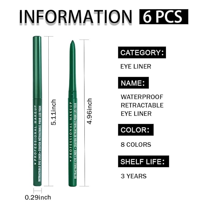 Retractable Creamy Eyeliner Eyeshadow Sticks for Eye Makeup, Ultra Pigmented Mechanical Eye Pencils, Smudge Proof Matte Satin Finish Formula, Longlasting, Vegan & Cruelty-Free (6 Pcs-Green-07)