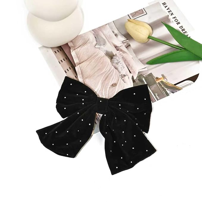 Large velvet three-dimensional rhinestone bow sparkling high-end spring clip hair accessory, worn for Christmas, parties, daily life #black