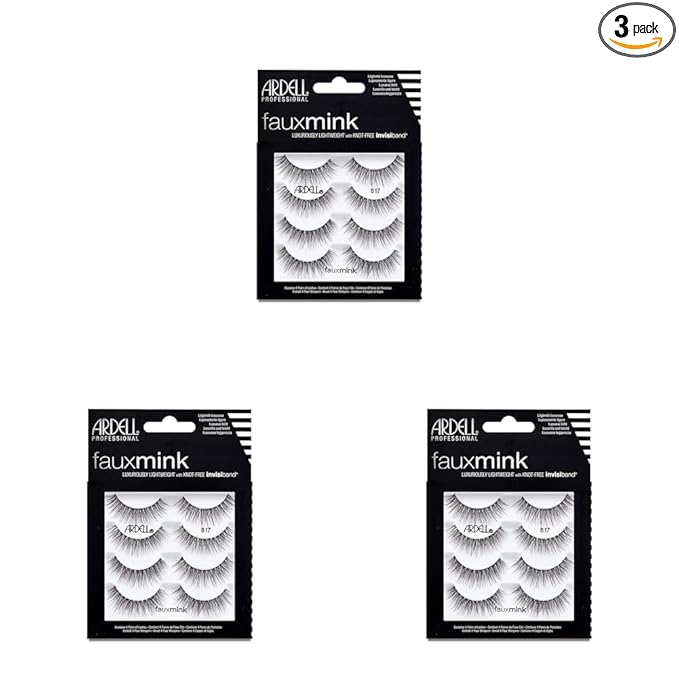 Ardell Faux Mink Lashes 817 – Lightweight, Knot-Free Invisiband Eyelashes for Natural Glam, 4 Pairs, 3 Pack
