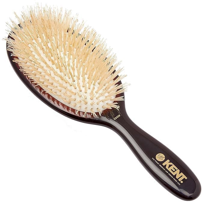 Kent CSGM 7.75" Classic Shine Medium Oval Cushion Straightening Brush and Hair Detangler - Soft White Boar Bristle Hair Brush - Shine Hair Brush and Scalp Scrubber for Mid-Length Fine or Thinning Hair