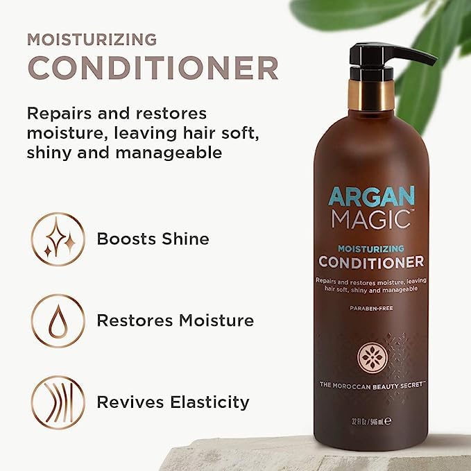 ARGAN MAGIC Hair Care Essentials Trio - Shine Boosting Shampoo | Moisturizing Conditioner | 10 in 1 Leave in Spray | Restores Shine & Elasticity | Hydrates | Detangles, (32 oz / 8 oz)
