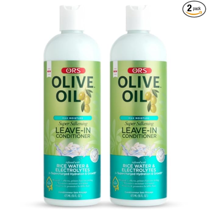 ORS Olive Oil Max Moisture Leave-In Conditioner with Rice Water and Electrolytes for Supercharged Hair Hydration 16.0 Ounce (Pack of 2)