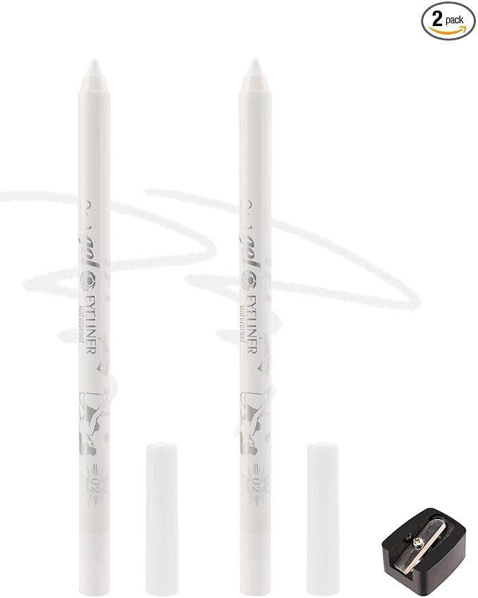 2Pcs White Eyeliner for Waterline, Cream Gel Eyeliner Waterline Waterproof Smudge-Proof Eye Liner Pen, Safe for Sensitive Eyes, Matte Rich Colored Eye Brightener Pen Multi-Use Makeup with Sharpener