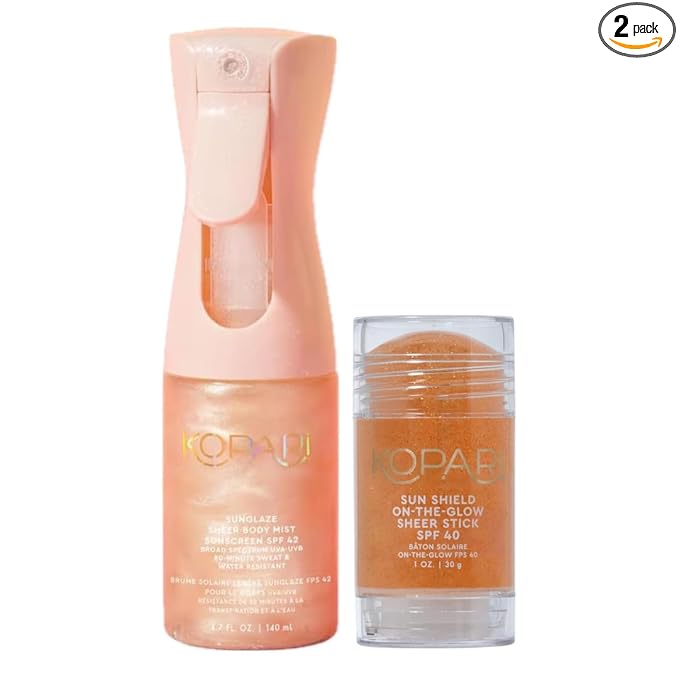 Kopari Rose Gold Sunglaze Sheer Body Mist Sunscreen SPF 42 & Sun Shield On-The-Glow Sheer Sunscreen Stick SPF 40