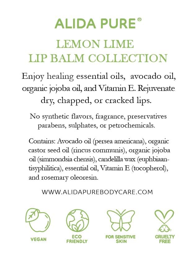 Lemon Lime Lip Balm Collection, Vegan Set, Bees Wax Free, Organic Jojoba and Avocado Oil, Vitamin E, Moisturizer for Dry Cracked Lips, 3 Tubes per Set