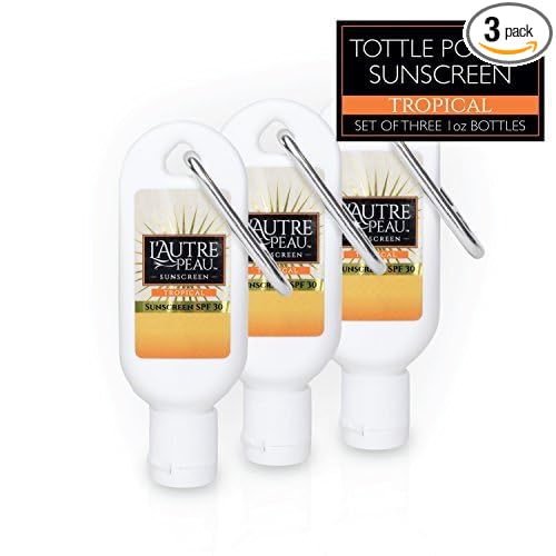 SPF 30 Sunscreen Multi-Pack by L'AUTRE PEAU | Travel Size Sunscreen for Men, Women, and Kids | Non-Greasy Water Resistant | Tropical Scent | TSA Approved | (1oz 3 Pack with Carabiner Clip)