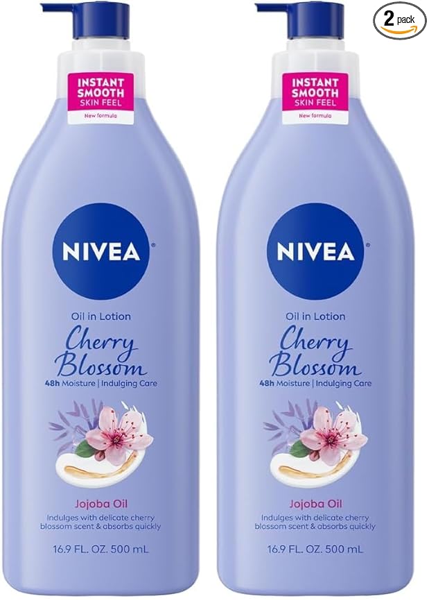NIVEA Oil Infused Cherry Blossom and Jojoba Oil Body Lotion for Women, Fast-Absorbing and Non-Greasy Cherry Blossom Scented Lotion Moisturizes for 48 Hours, 16.9 Fl Oz Pump Bottle (Pack of 2)