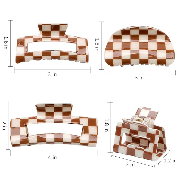 Atoden Checkered Hair Clips for Thick Thin Hair 4Pcs Large Medium Small Claw Clips Strong Hold Non Slip Y2K Hair Accessories for Women Girls Brown