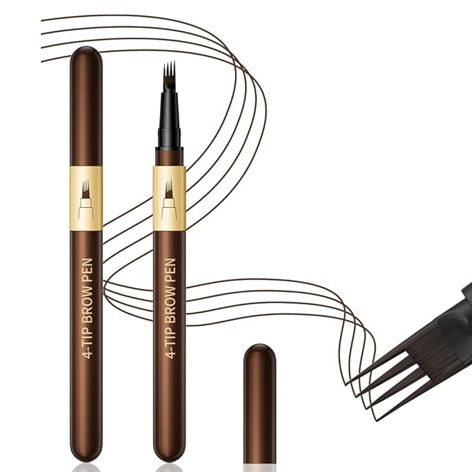 2Pcs 4-Tip Microblading Liquid Eyebrow Pen, Creates Natural Hair-Like Strokes, Waterproof Long-Lasting Smudge-Proof Brow Pen, Light Brown Eyebrow Pencil for Women (Deep Brown)