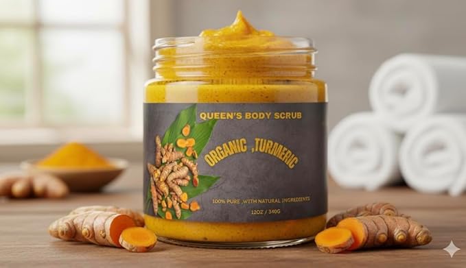 Organic Turmeric body scrub, with coconut oil, gently exfoliates body & face moisturizing skin care 12oz