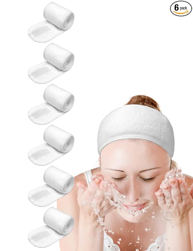 EUICAE Spa Headband, 6 Pack White - Non-slip Stretchable Washable Makeup Headband for Face Wash Facial Treatment, Fits All, Workout, Yoga, Gym, Salon, Home Use