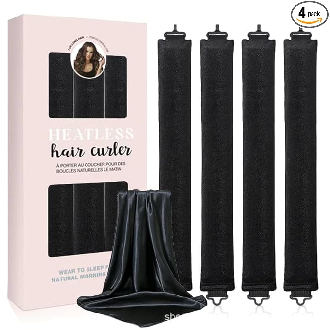 Heatless Hair Curls Overnight Curler - 4 Pcs Curling Rod to Sleep In, Velvet Hair Rollers with Satin Hair Scarf (Black)