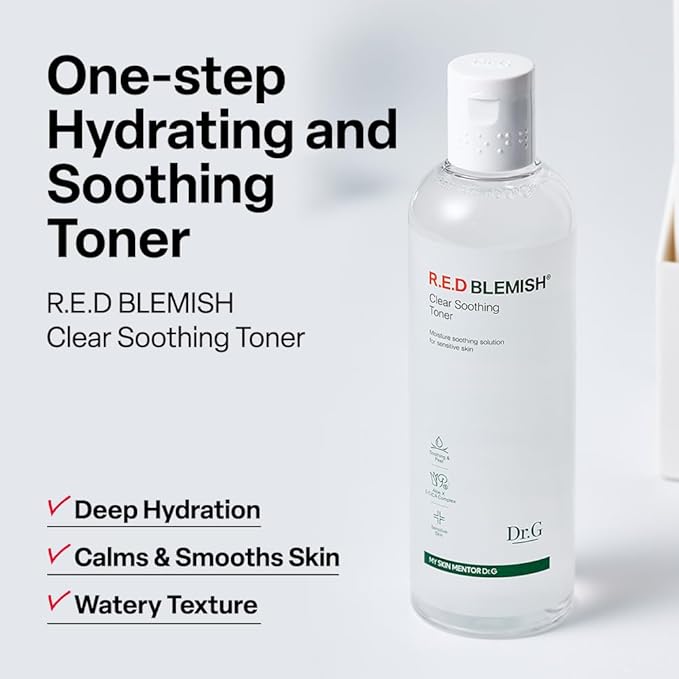 Dr. G R.E.D. Blemish Clear Soothing Toner - Korean Soothing Toner for Glowing Skin - Soothes Irritation Clear Skin - Mild Exfoliant - with AHA, BHA & Centella Asiatica - 10.14 fl oz