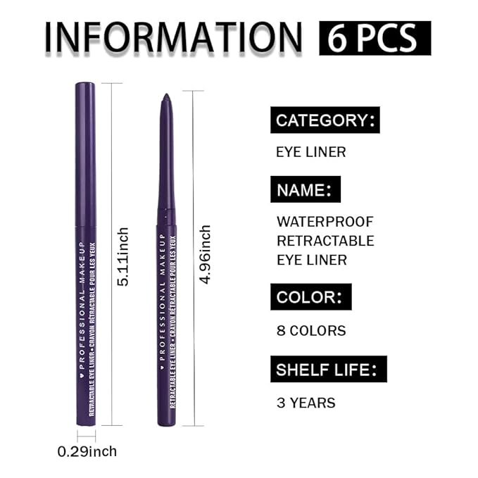 Retractable Creamy Eyeliner Eyeshadow Sticks for Eye Makeup, Ultra Pigmented Mechanical Eye Pencils, Smudge Proof Matte Satin Finish Formula, Longlasting, Vegan & Cruelty-Free (6 Pcs-Purple-08)