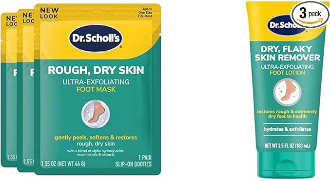 Dr. Scholl's Rough, Dry Skin Ultra Exfoliating Foot Mask 3 Pack and Dry, Flaky Skin Remover Ultra Exfoliating Foot Lotion Bundle