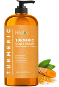 Healov Turmeric Body Wash – Skin Brightening Soap for Dark Spots, Hyperpigmentation – Exfoliating Turmeric Face Wash Reduces Acne, Scars, & Cleanses Skin – Natural Bath Liquid Soap