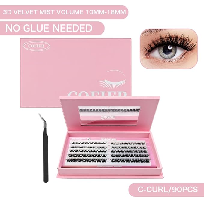 Glue-Free Wispy Lash Clusters Kit, 90 Pcs Individual Eyelash Clusters- DIY Lash Extension Kit with eyelashes Tweezers, Natural Fluffy Fake Lashes, Beginners Friendly (Nova(10-18mm/80PcS) C Curl))
