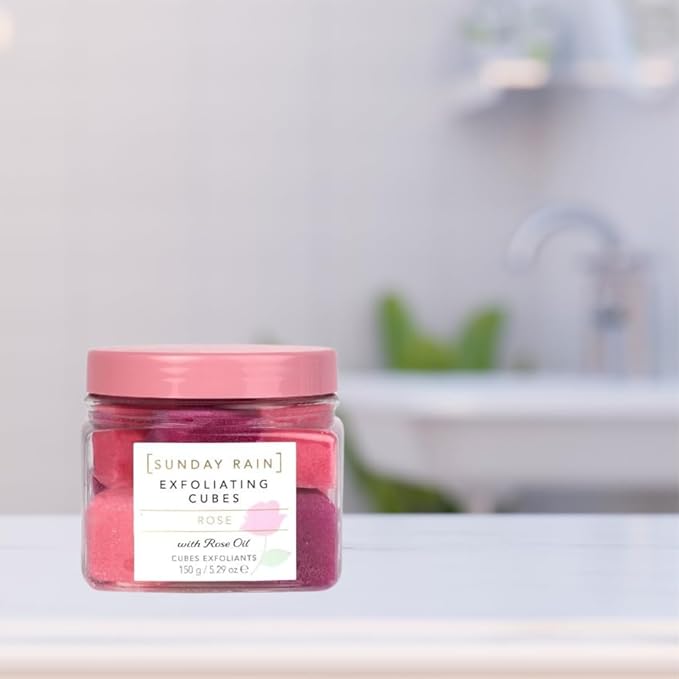 Sunday Rain Rose Exfoliating Cubes 150g - Vegan Sugar Scrub with Shea Butter - Hydrating and Nourishing Exfoliator for Smooth, Soft Skin - Cruelty Free, Gentle Exfoliation for All Skin Types