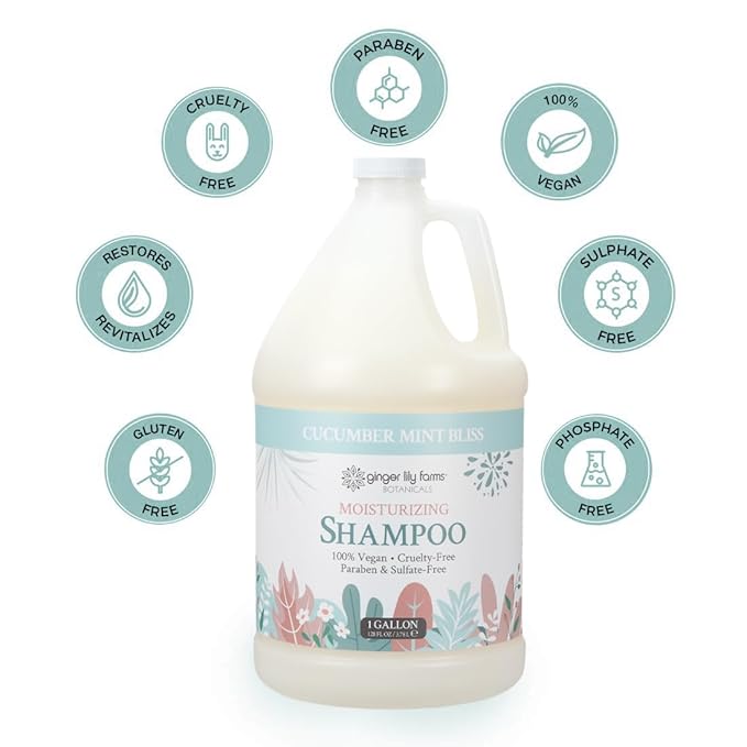 Ginger Lily Farms Botanicals Moisturizing Shampoo for All Hair Types, 100% Vegan & Cruelty-Free, Cucumber Mint Bliss Scent, 1 Gallon (128 fl oz) Refill