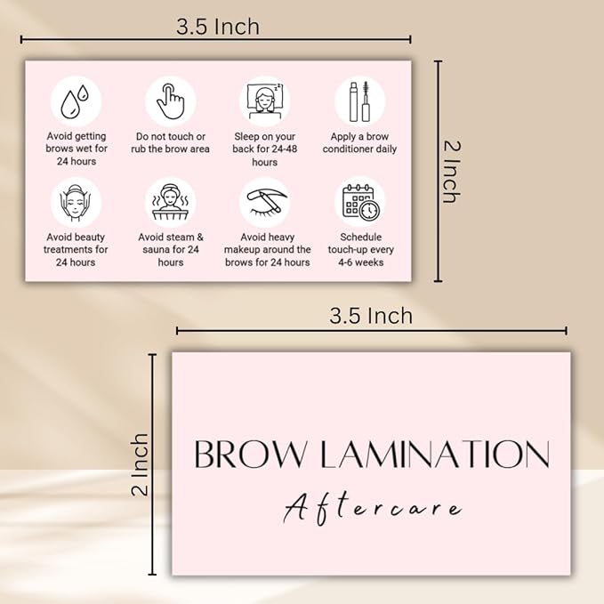 Brow Lamination Aftercare Card | 50 Pack | 2x3.5 Inch Card Size | Brow Lift and Tint, Simple Design with Illustration & Instruction