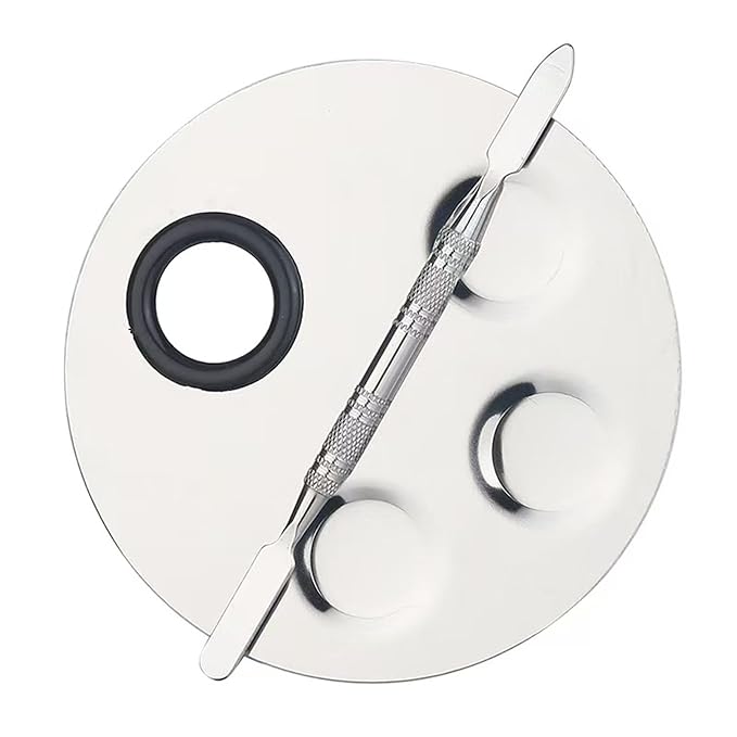 1Set of Round 4 Hole Stainless Steel Mixing Palette With Spatula For Nail Eye Shadow Eyelash Pigment Blending Foundation (Round 4 hole color palette)