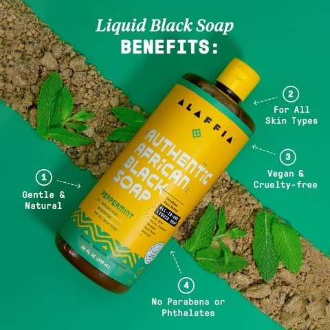 Alaffia Authentic African Black Soap Variety 2-Pack – All-In-One Liquid Soap, Travel-Size Eucalyptus Tea Tree + Full-Size Peppermint Body Wash, Face Wash, Shampoo, Shaving Soap