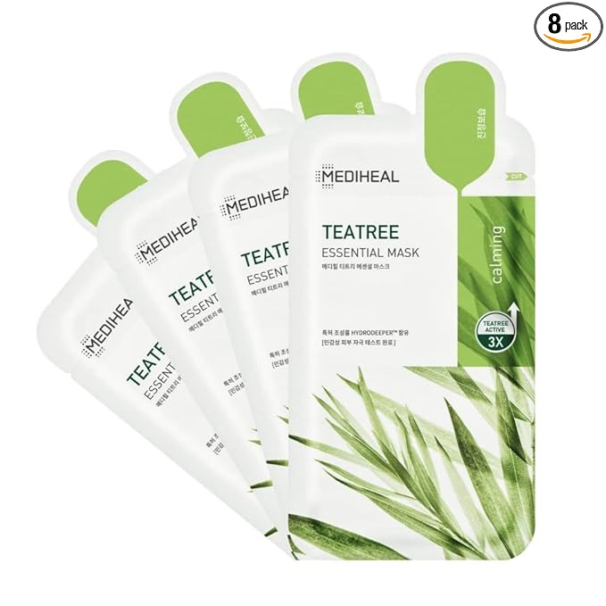 Mediheal Official Best Korean Sheet Mask - Tea Tree Essential Face Mask 4 Sheets Skin Soothing Treat Blemishes Sebum Control For All Skin Types (Pack of 2)