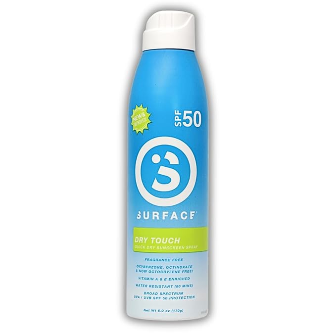 Surface Sunscreen Spray SPF 50 for Body, Natural Formula, Lightweight and Reef Friendly, Broad Spectrum UVA UVB Protection, Water Resistant Sun Care for Outdoor Use, Fragrance Free, 6oz