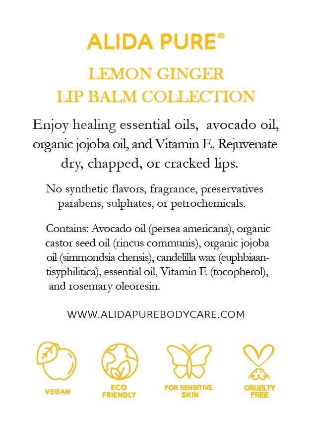 Lemon Ginger Lip Balm Collection, Vegan Set, Beeswax Free, with Organic Jojoba and Avocado Oil, Vitamin E, Natural Moisturizer for Dry, Cracked, or Chapped Lips, 3 Tube Set