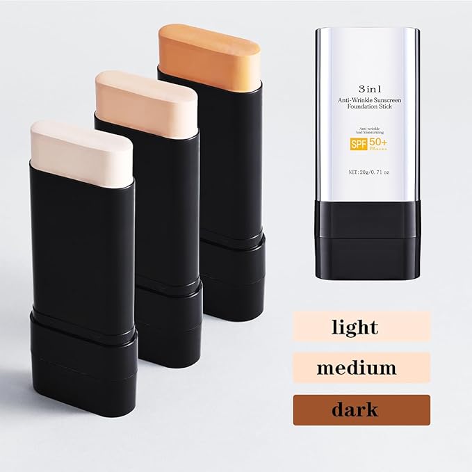 3 In 1-Luxury Anti-Wrinkle Foundation Stick SPF 50+ with Brush, Hydrating Non-Sticky Matte Foundation Stick, Travel Size Defense Face and Body Sunscreen Lotion, Dark Color, 1.42 Fl Oz