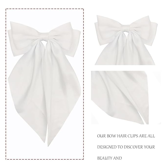 Silky Satin Oversized Long-tail Bow Clip, Large Pure white Hair Bow for Women Girl, Hair Accessories with Long Tail, 1Pcs（Pure white）