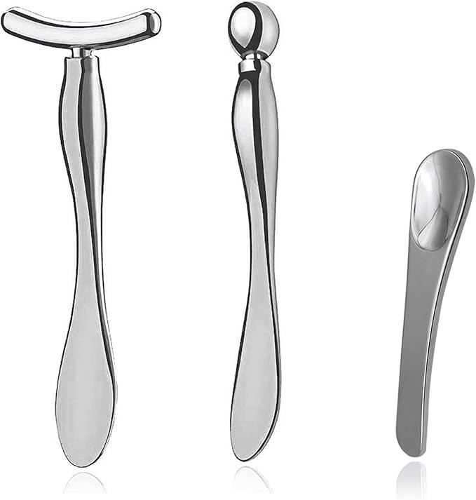 Pimoys 3 Pcs Metal Eye Cream Applicator Tool, Eye Roller Massage Sticks and Makeup Cream Spoon, Facial Massager for Reducing Puffiness Wrinkle Dark Circles