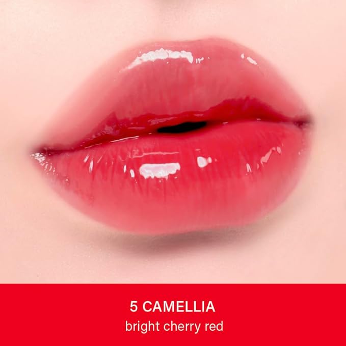 Melixir Vegan Lip Treatment, Sheer Tinted Lip Balm for Instant Hydration & Shine, Moisturizing Lip Gloss, Infused with Vegan Collagen & Jojoba Oil, Cruelty-Free, Korean Skincare-5 Camellia(0.5oz/15g)