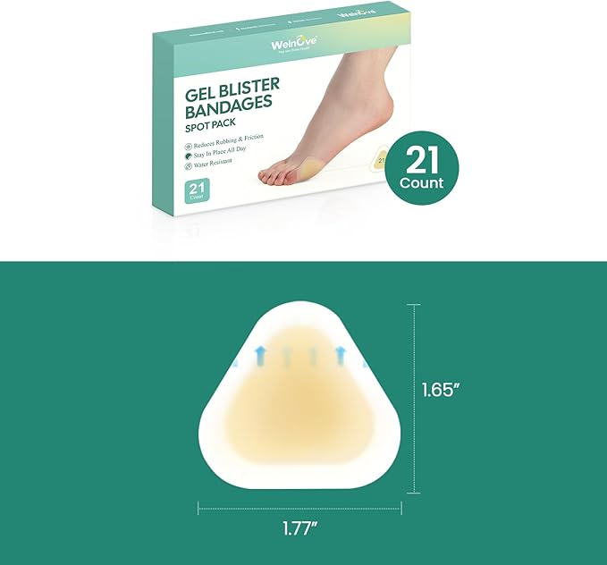 Welnove Gel Blister Bandages for Feet - 21ct Blister Cushion for Heel, Toe - Water-Resistant Hydrocolloid Bandages - Blister Pads for Prevention & Recovery (Spot Pack)