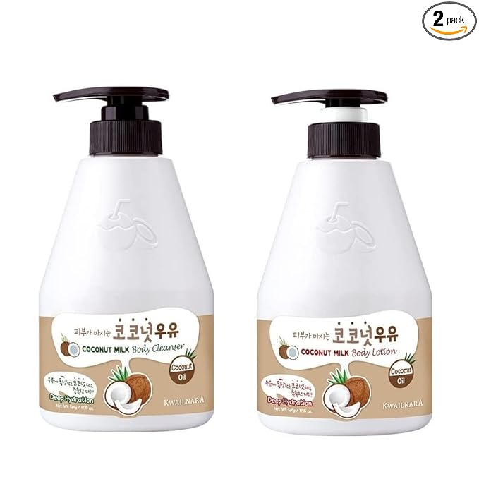 Kwailnara Coconut Milk Body Wash & Lotion Set (19.75 Oz Each) – 2-Piece Korean Skincare Duo for Hydrated & Silky Skin | Milk Protein, Royal Jelly & Restorative Coconut Extract | Paraben-Free