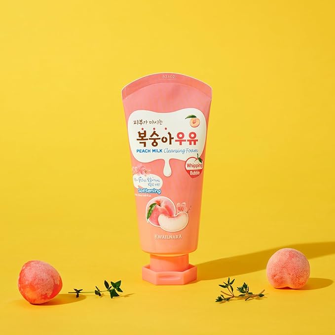 Kwailnara Peach Milk Facial Cleanser (4.06 Fl Oz) – Korean Face Wash for Clear & Glowing Skin | Milk Protein, Royal Jelly & Vitamin-Rich Peach Extract | Creamy Whipped Foam