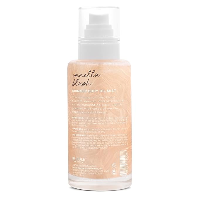 Shimmer Body Oil Mist – Vanilla Blush | Hydrating Glow Mist with Coconut Oil & Shea | Subtle Shimmer & Soft Vanilla Scent, 6 Fl Oz