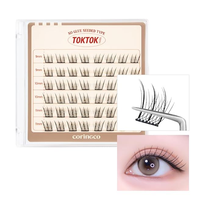 CORINGCO Toktok Hara Light Self Adhesive False Eyelashes, Natural Look, No Glue Needed, Assorted Set of 9/10/11mm, Reusable Lash Clusters Kbeauty - Hush