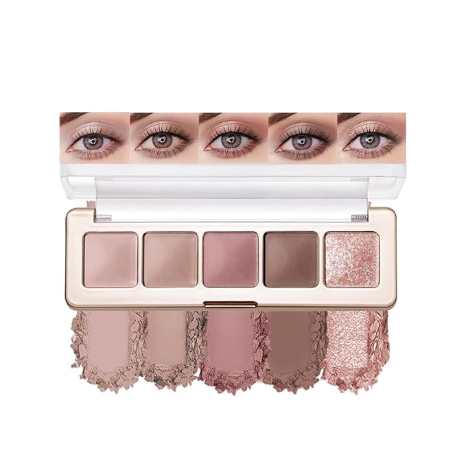 Pink Brown Mauve Neutral Matte & Shimmer Eyeshadow, 5 Color Highly Pigmented Blendable Soft Eye Shadow Palette Makeup for Older Women, Long Lasting Mini Travel Size, Suitable for Mature Skin 02#