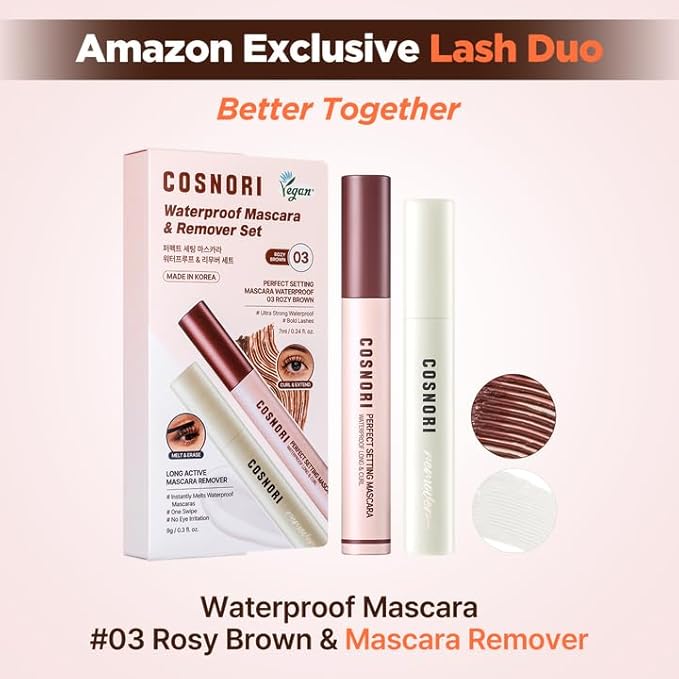 COSNORI Waterproof Mascara & Remover Set 03 Rosy Brown - Ultra-Strong Waterproof Mascara with Gentle Eye Makeup Remover, Smudge-Proof & Easy Cleansing Duo (03 Rosy Brown + Mascara Remover)