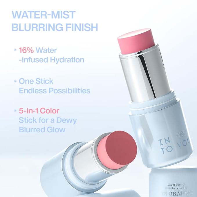 INTO YOU Cream Blush Stick Water Blurring, 5 in 1 Multi-purpose Makeup Balm Stick, Hydrating Blush Tint for Cheeks & Eyes, Lightweight, Long Wearing, Easy to Apply & Blend, BS03