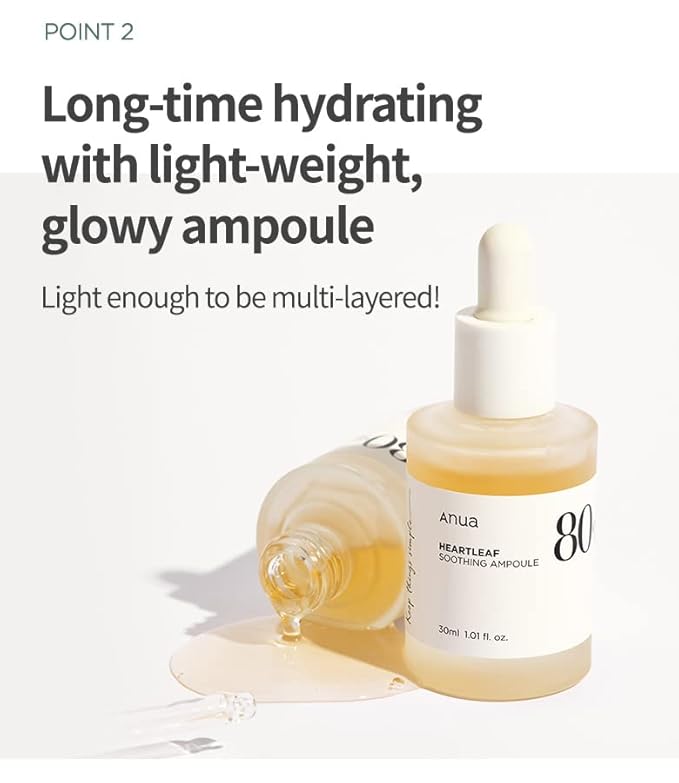 Anua Heartleaf 80 Soothing Ampoule, Hydrating Facial Serum for Glass Skin, Hyaluronic Acid, Panthenol, Lightweight, Non-Greasy Formula, Korean Skincare, 1.01 fl.oz